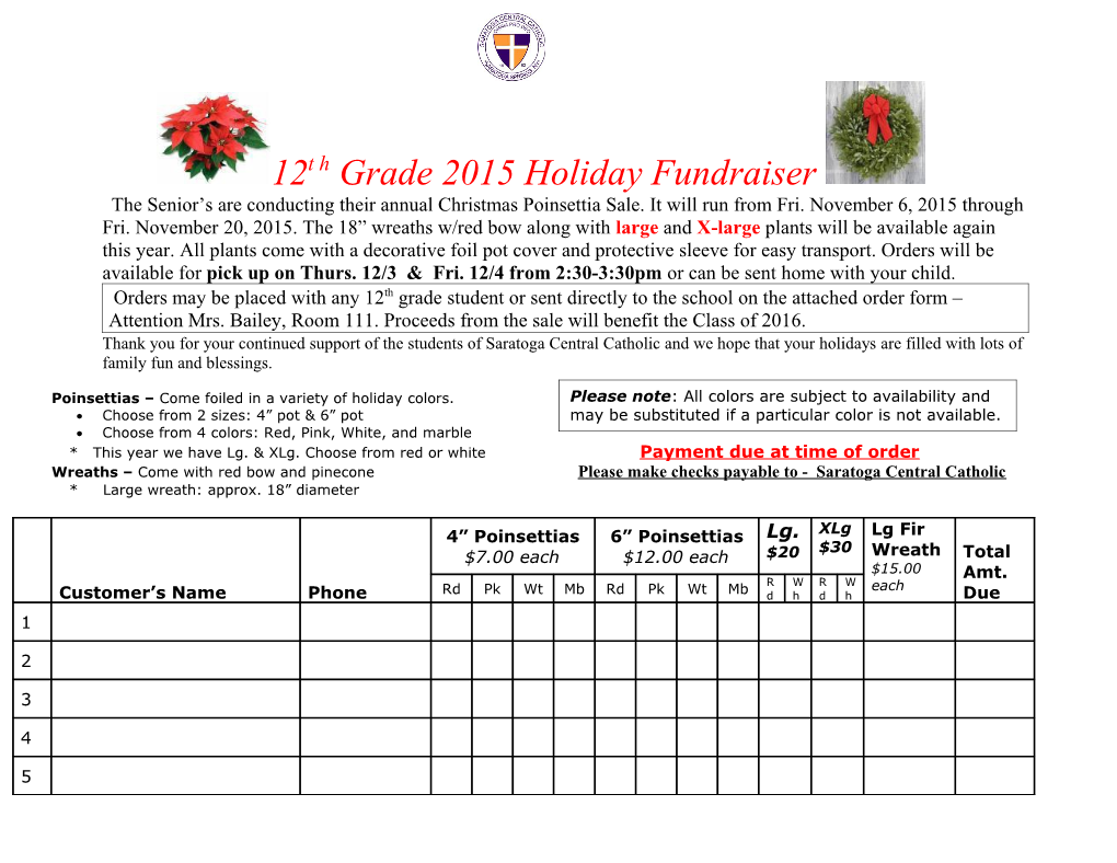 2010 Holiday Fundraiser Order Form