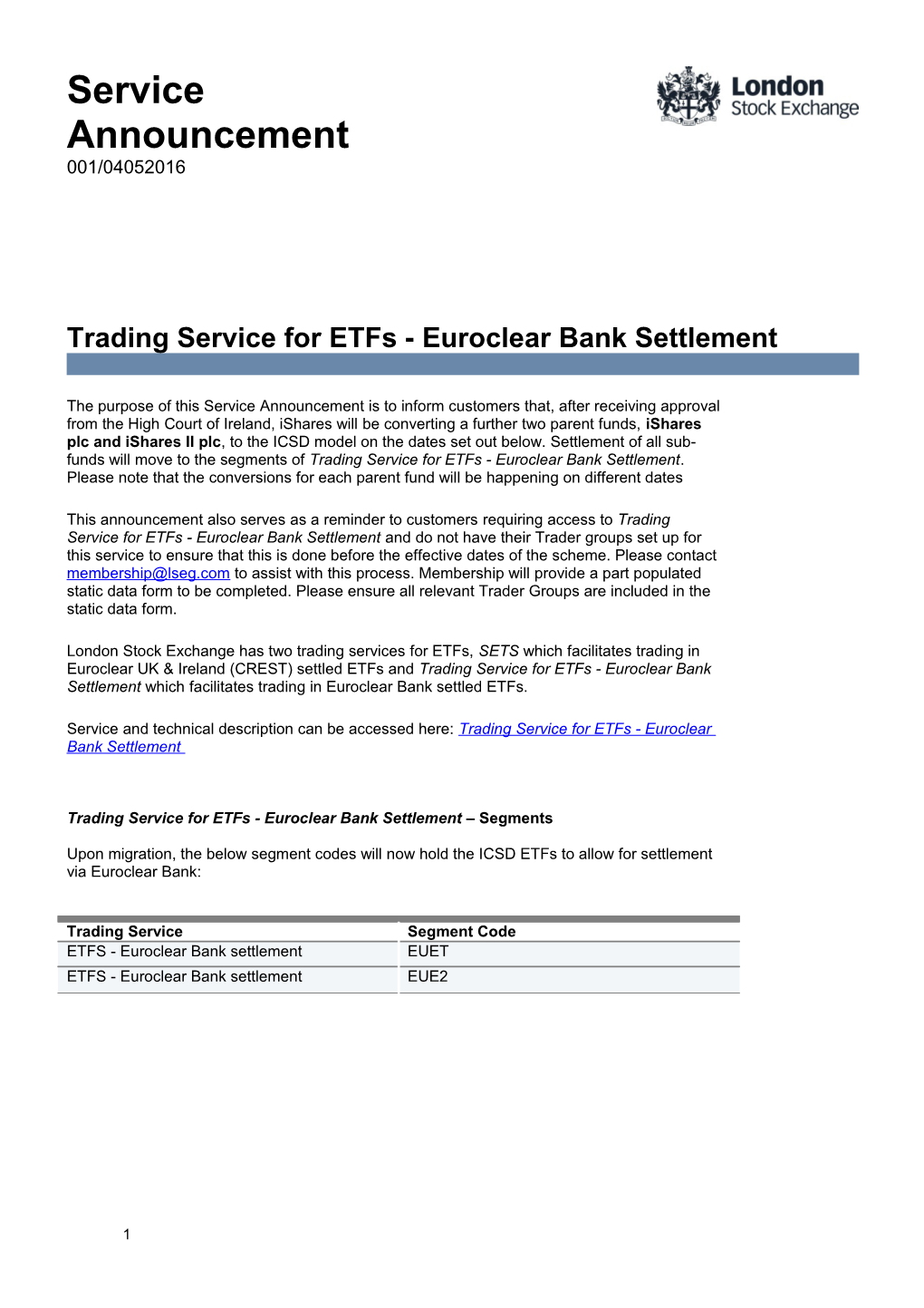 Trading Service for Etfs - Euroclear Bank Settlement Segments s1