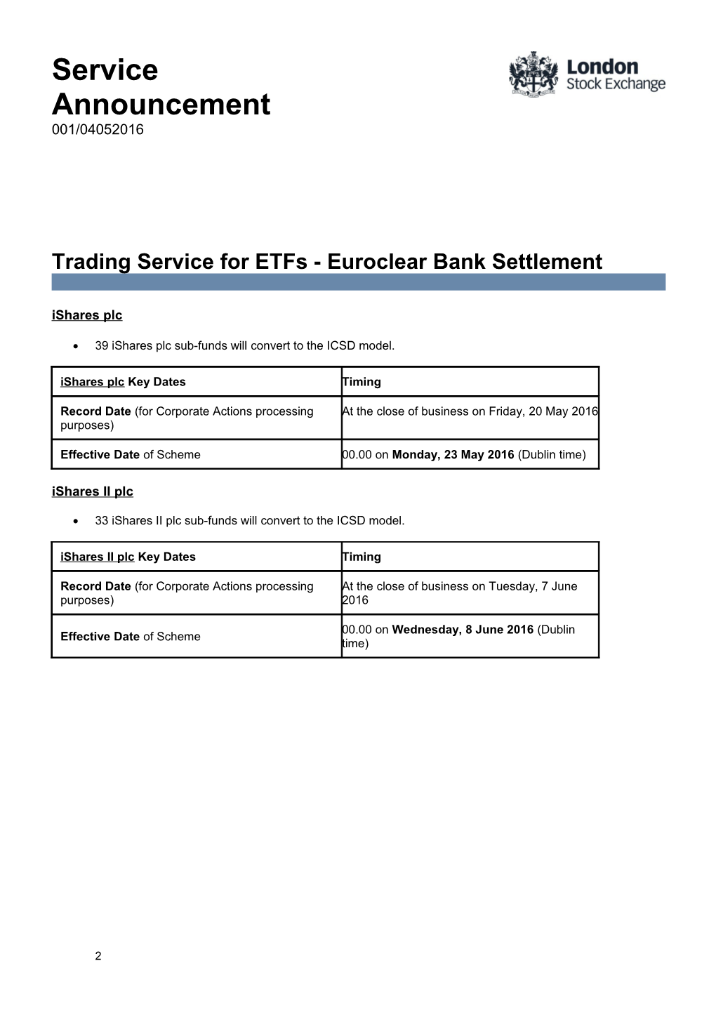 Trading Service for Etfs - Euroclear Bank Settlement Segments s1