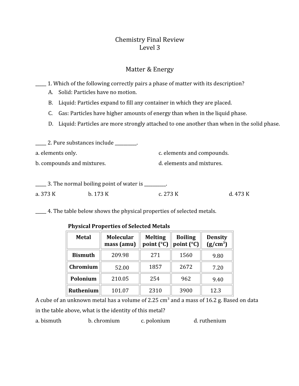 Chemistry Final Review