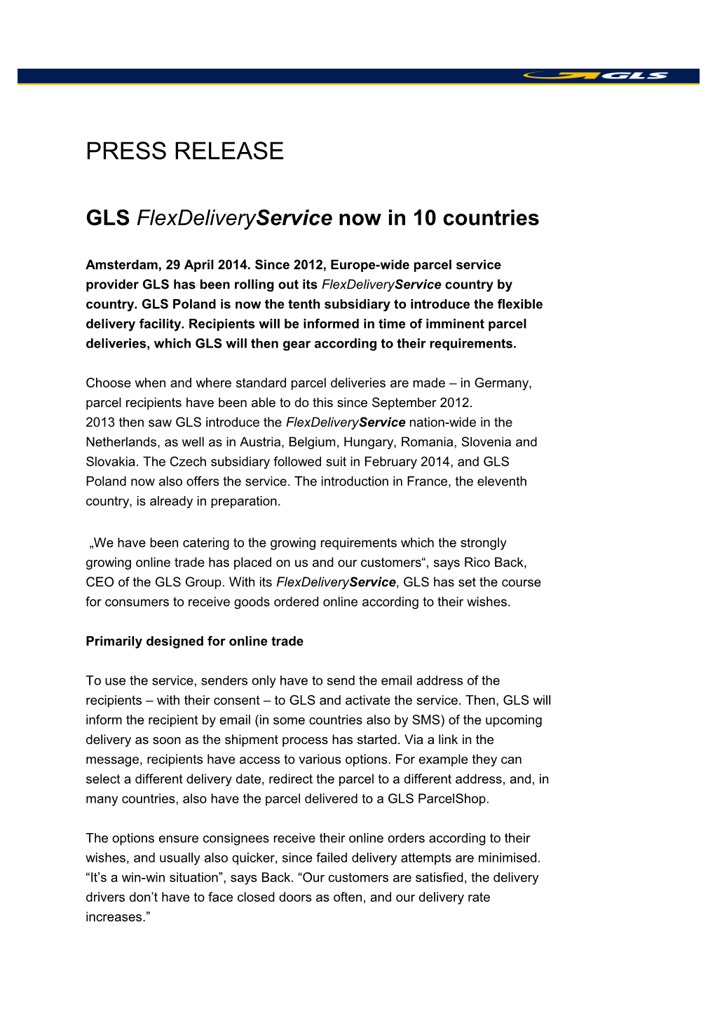 GLS Flexdelivery Servicenow in 10 Countries