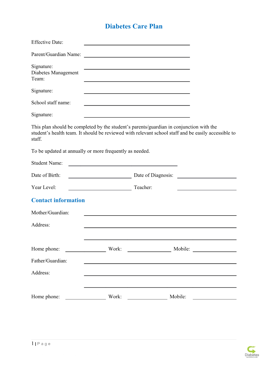 Diabetes Medical Management Plan Or Diabetes Care Plan