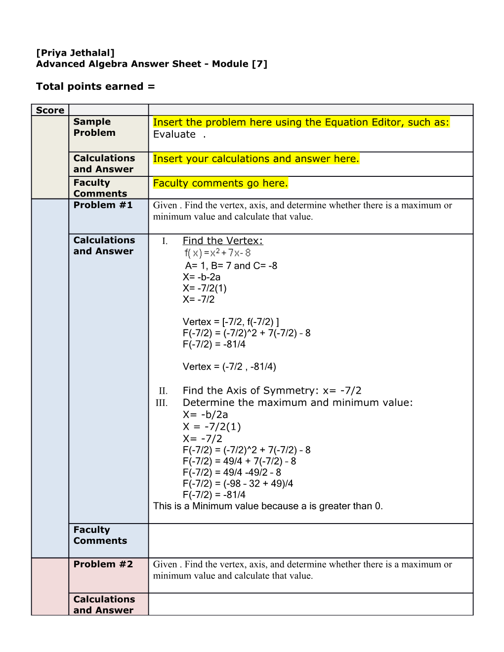 Advanced Algebra Answer Sheet - Module 7