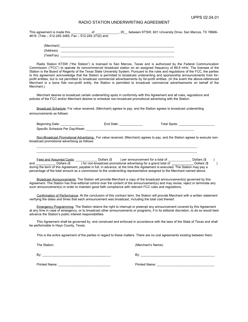 Radio Station Underwriting Agreement