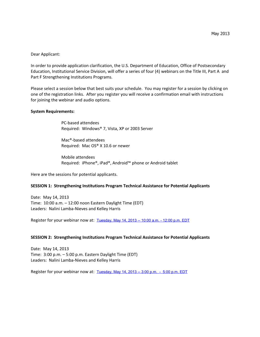 Letter to Applicants About the FY 2013 Webinars for Title III Strengthening Institutions