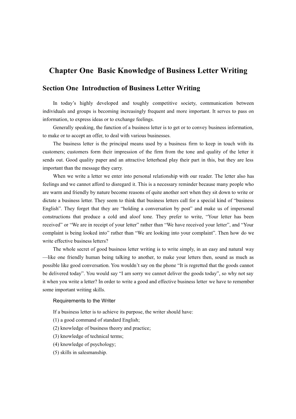 Chapter One Basic Knowledge of Business Letter Writing