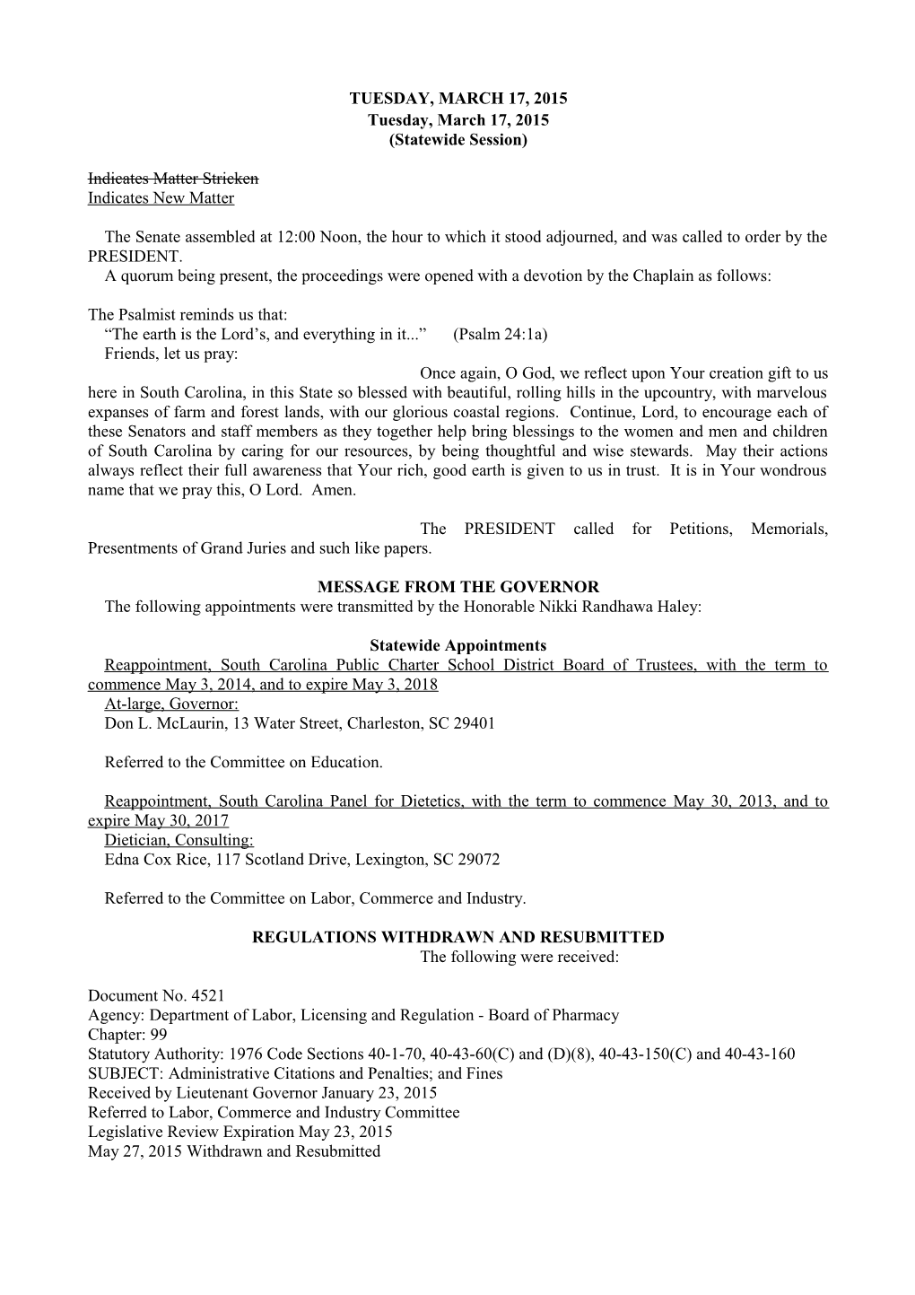 Senate Journal for 3/17/2015 - South Carolina Legislature Online