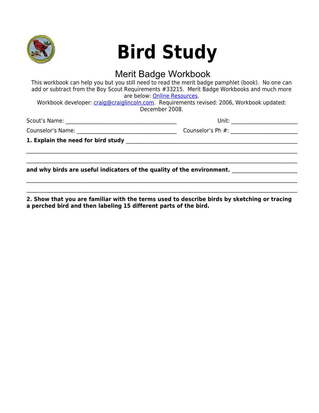 Bird Study P. 8 Merit Badge Workbook Scout's Name: ______