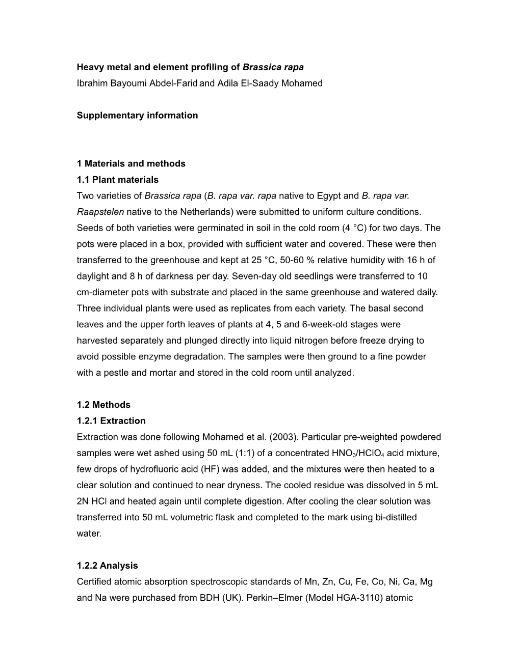 Zinc and Copper Profiling of Brassica Rapa Leaves