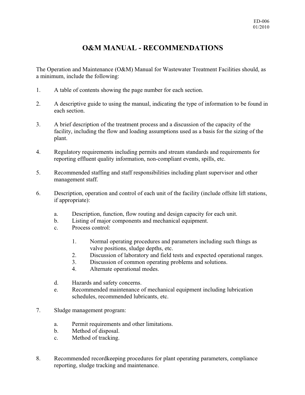 O&M Manual - Recommendations