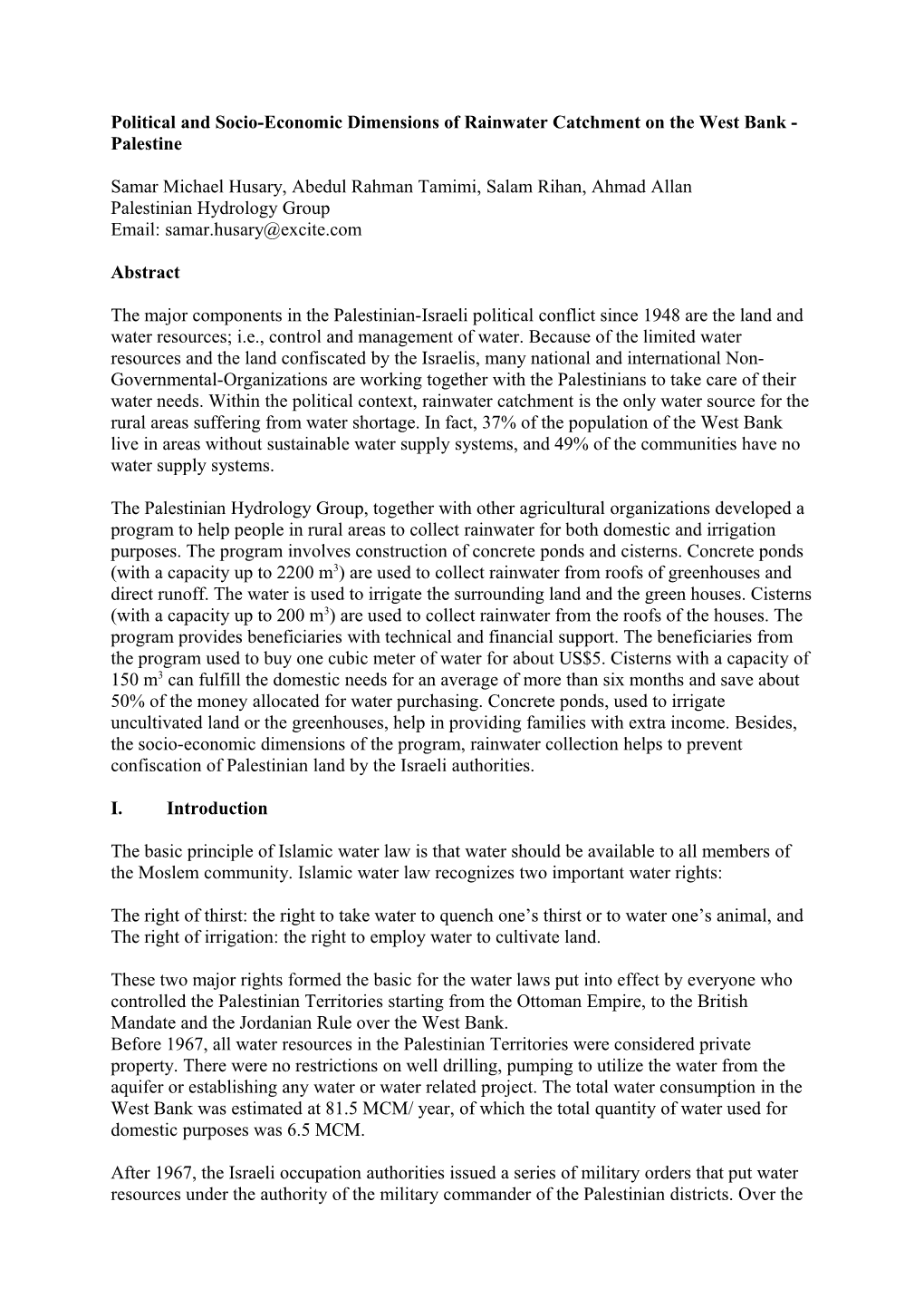 Political and Socio-Economic Dimensions of Rainwater Catchment on the West Bank - Palestine