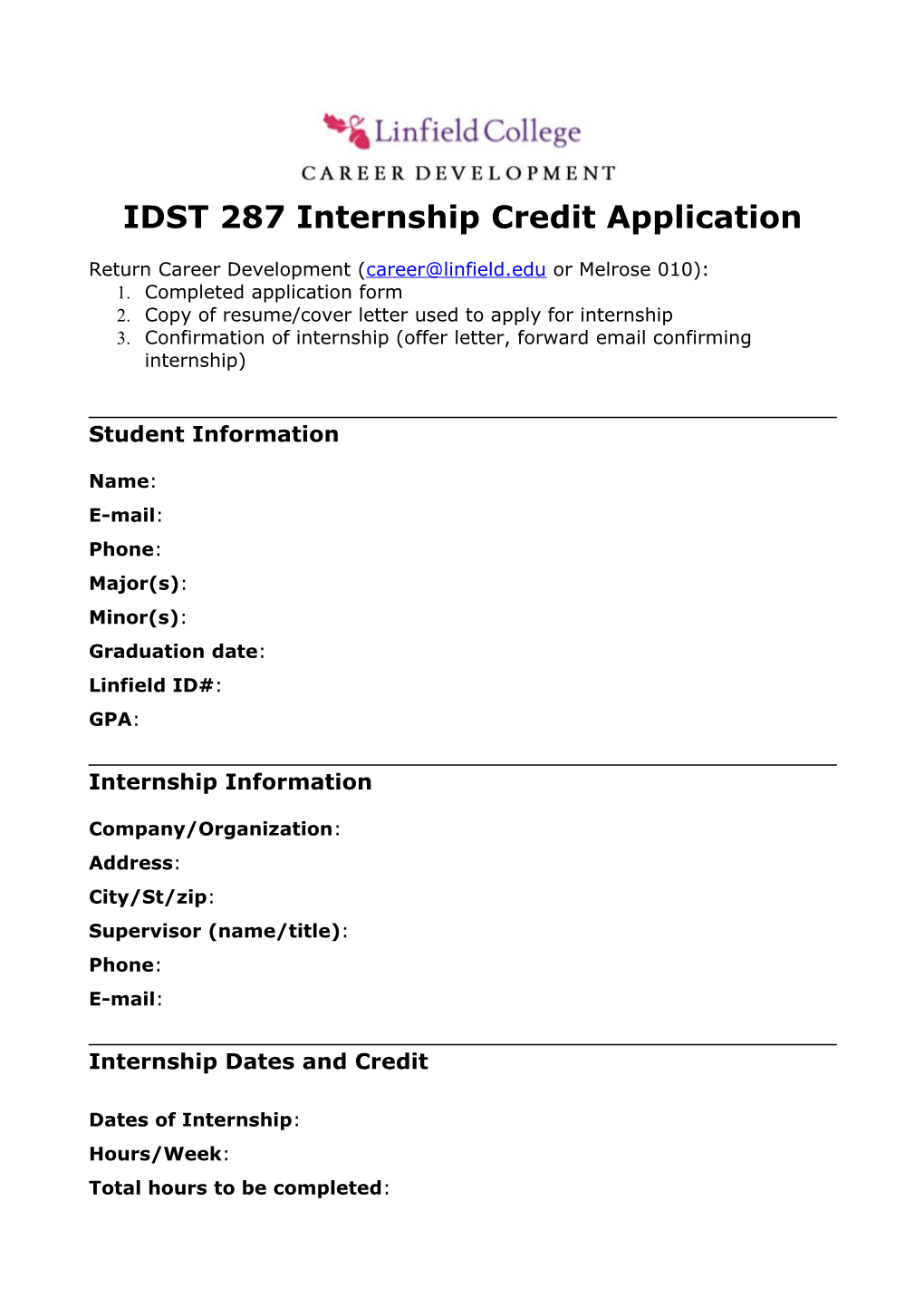 IDST 287 Internship Credit Application