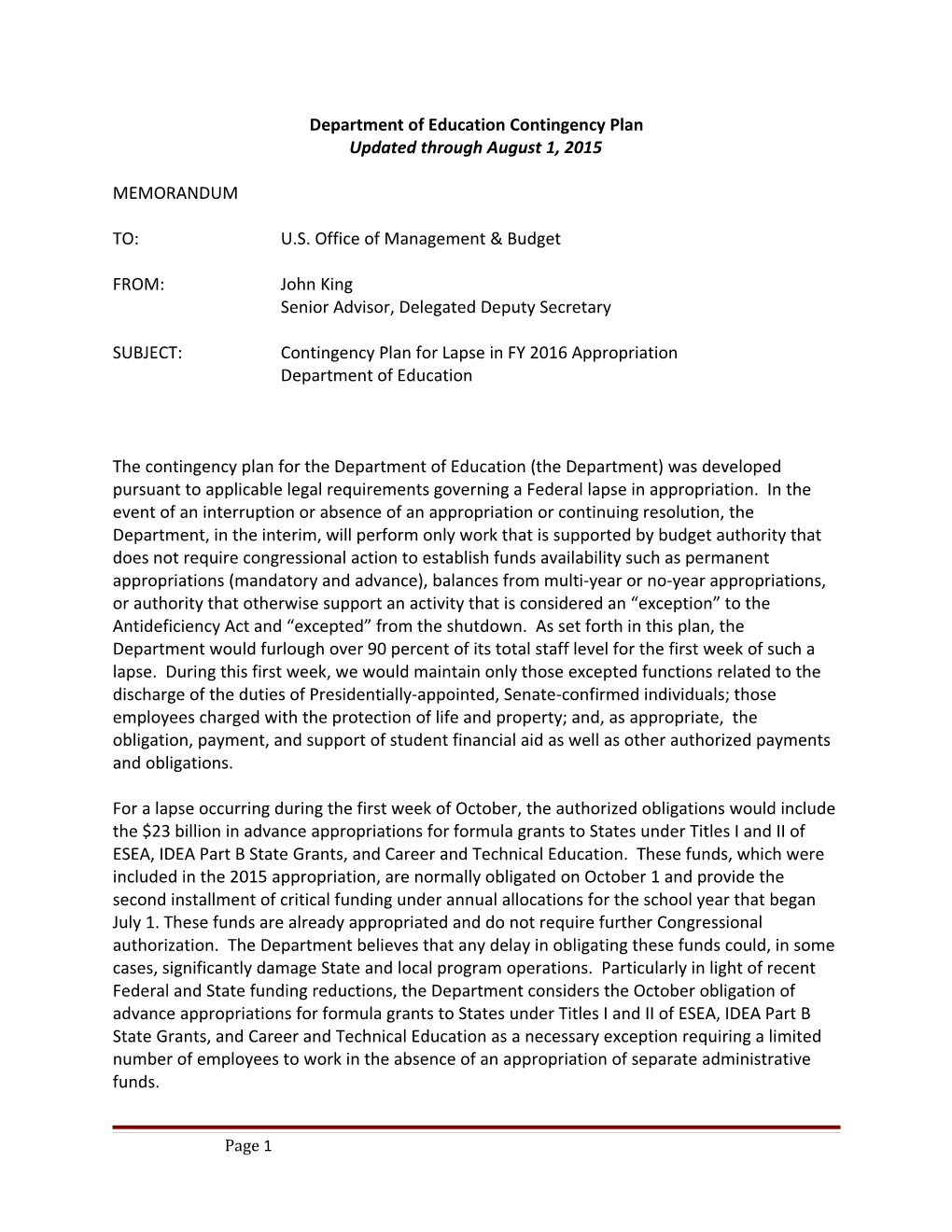 Contingency Plan for Lapse in FY 2016 Appropriation Department of Education September 25