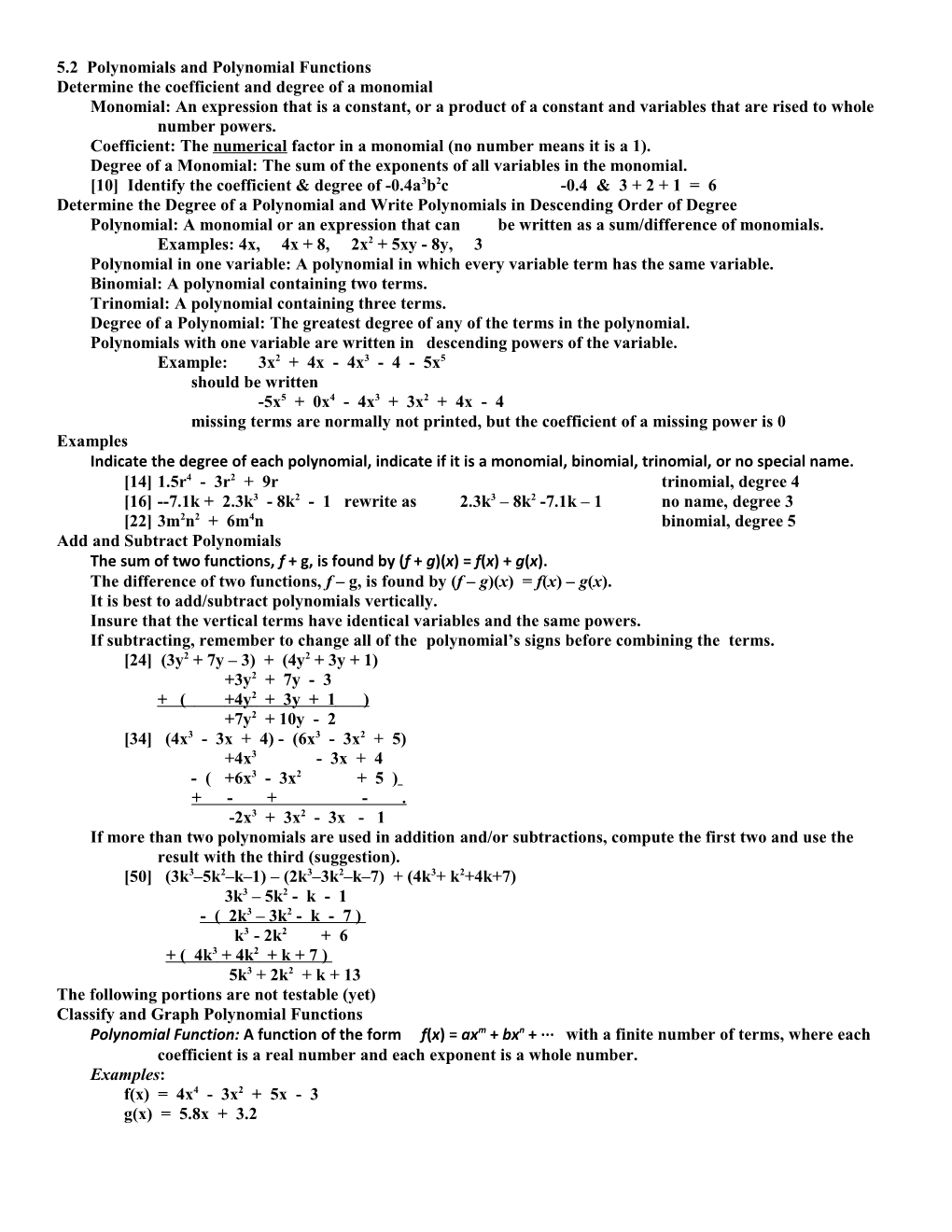 5.2 Polynomials and Polynomial Functions