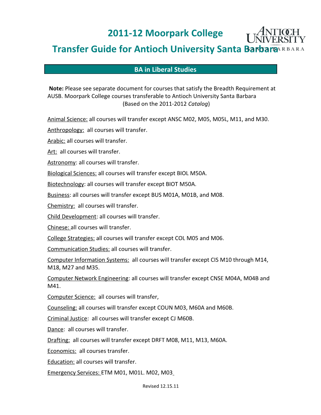 Transfer Guide for Antioch University Santa Barbara