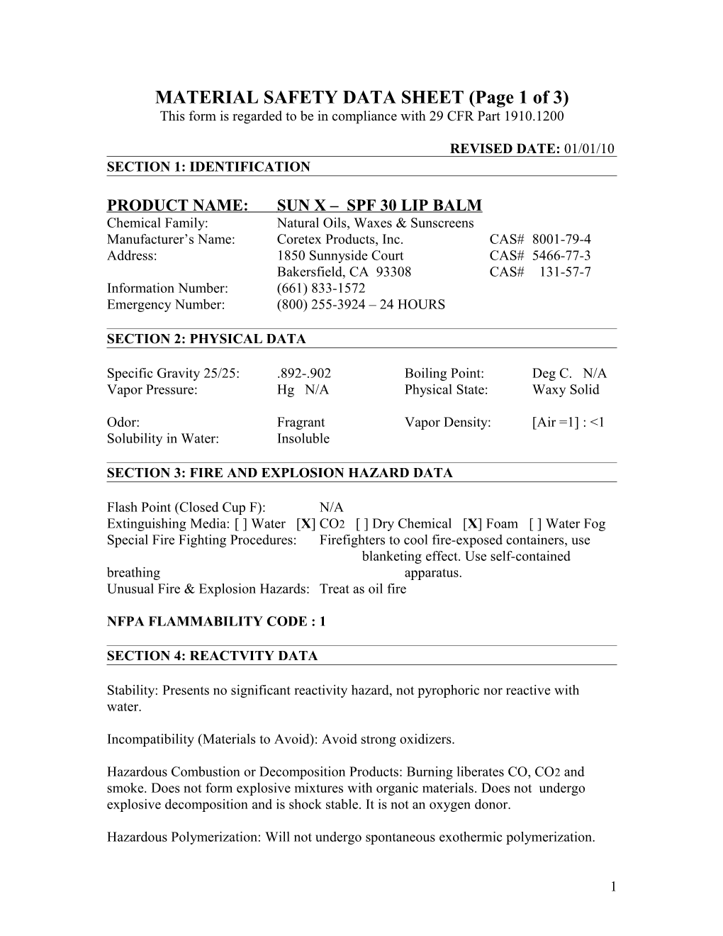 MATERIAL SAFETY DATA SHEET (Page 1 Of 3)