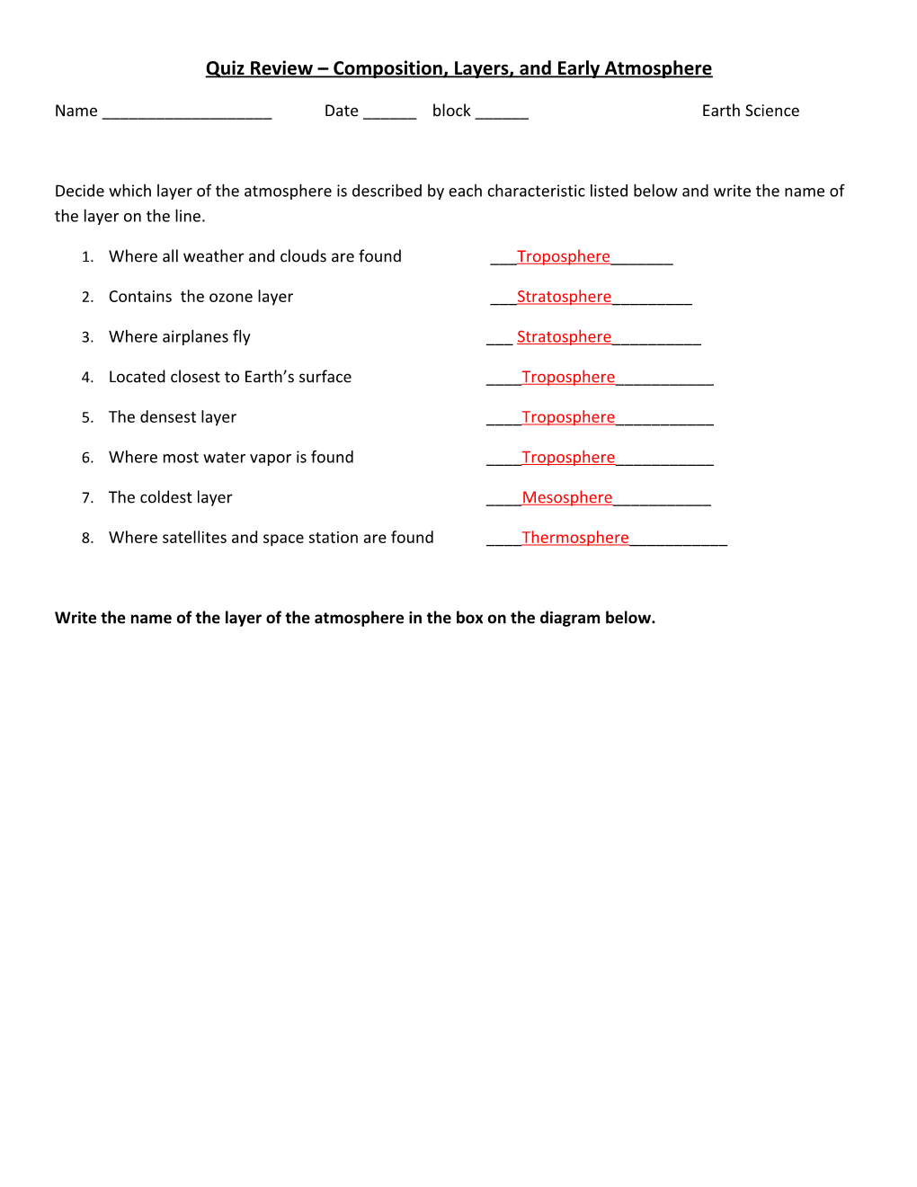 Quiz Review Composition, Layers, and Early Atmosphere