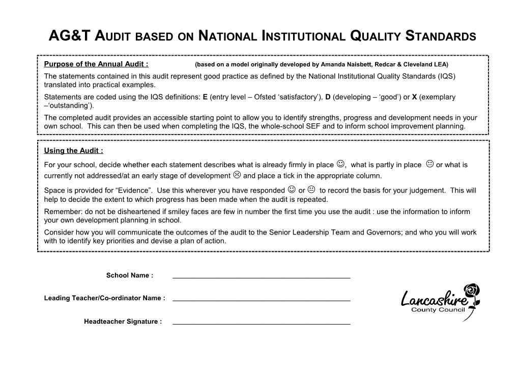 AG&T Audit Based on National Institutional Quality Standards