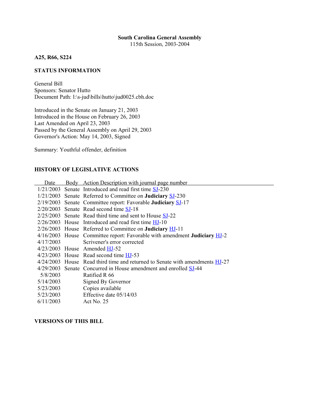 2003-2004 Bill 224: Youthful Offender, Definition - South Carolina Legislature Online