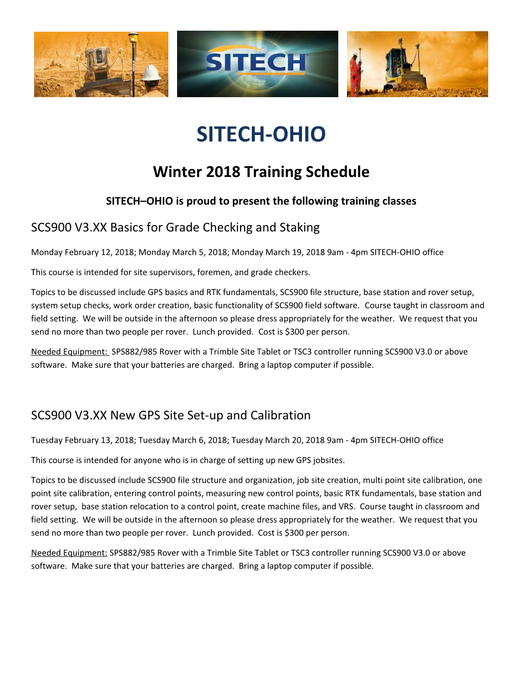 SITECH OHIO Is Proud to Present the Following Training Classes