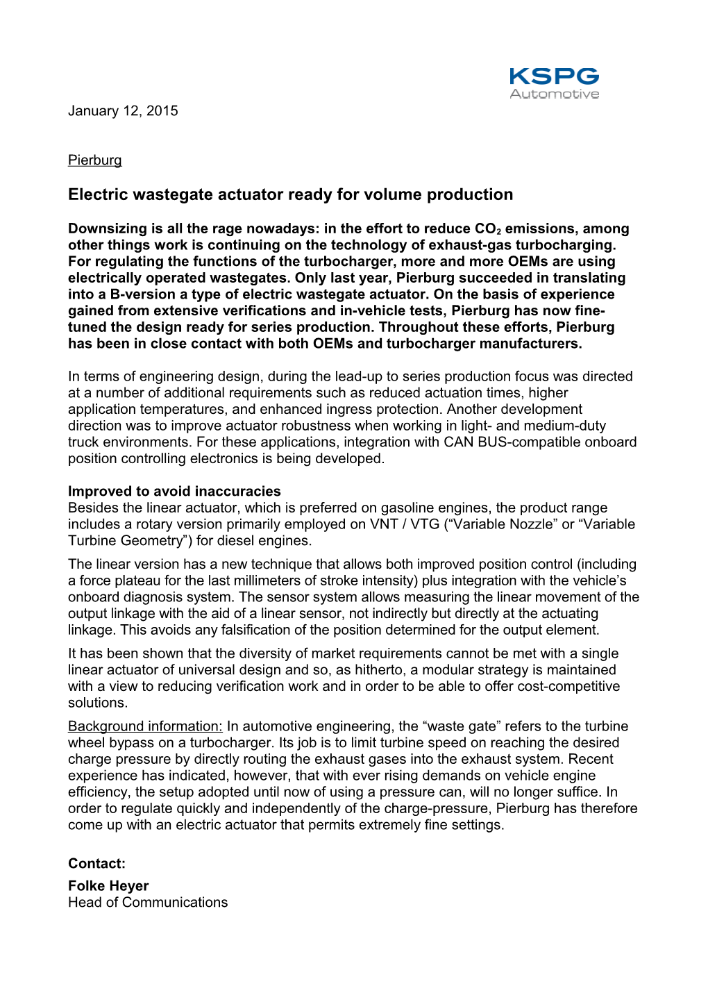 Electric Wastegate Actuator Ready for Volume Production