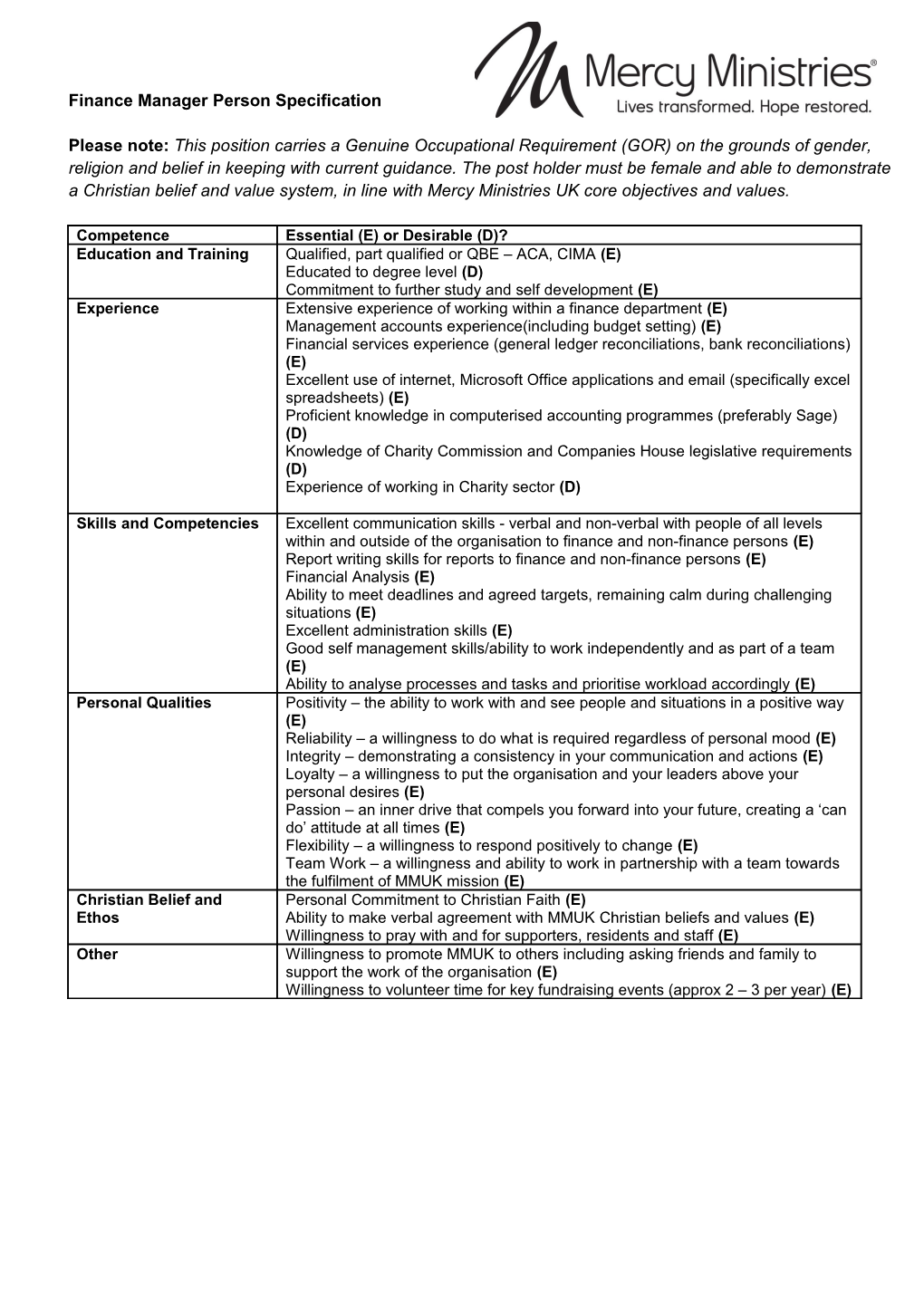 Finance Manager Person Specification