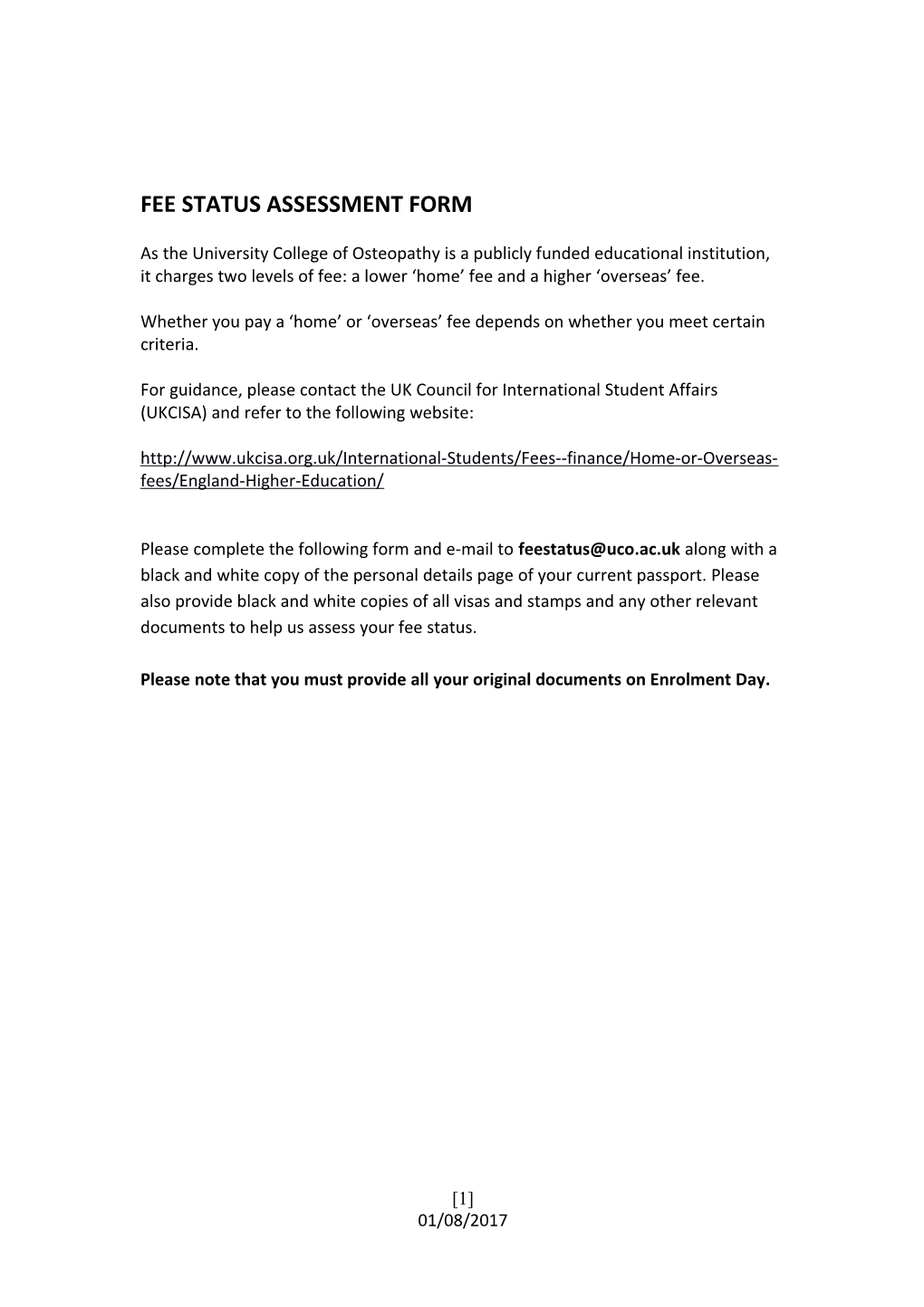 Fee Status Assessment Form