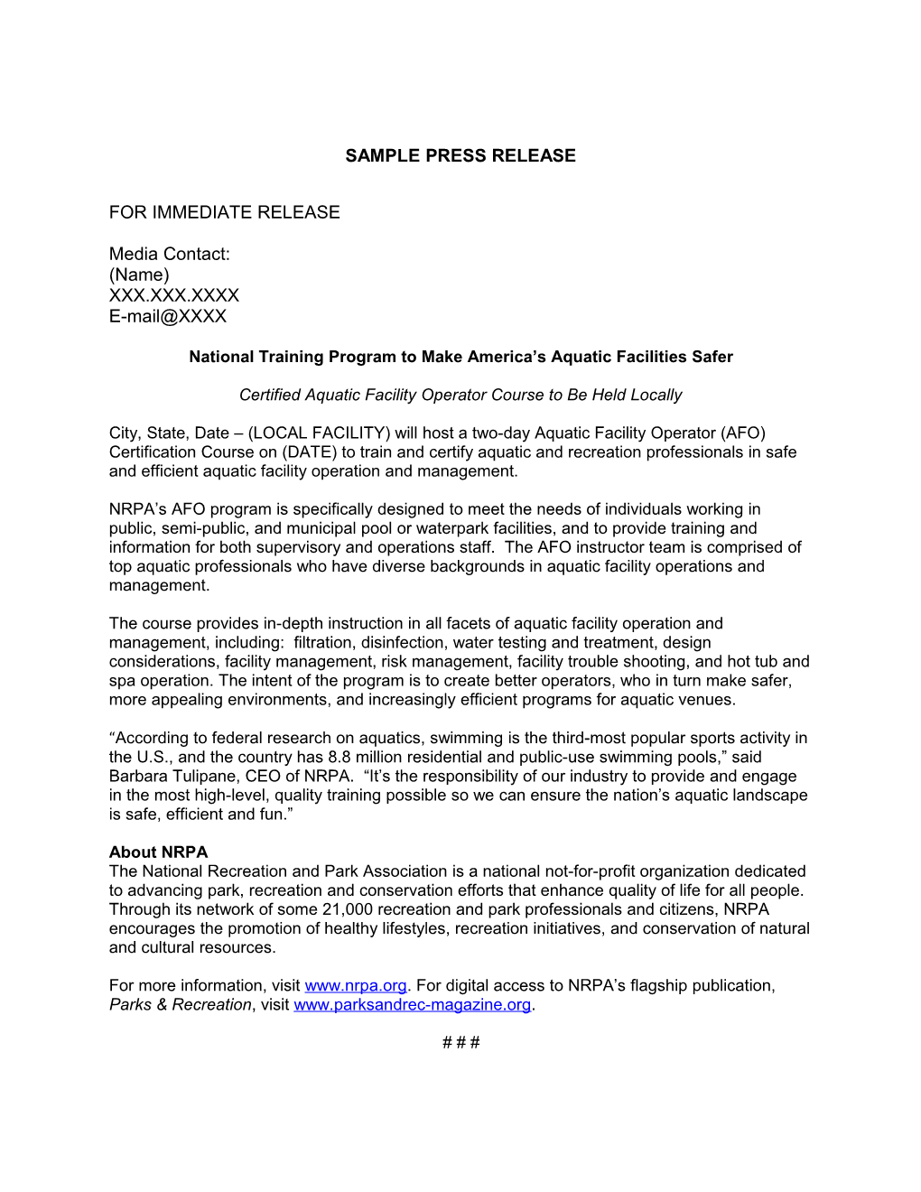 Sample Press Release