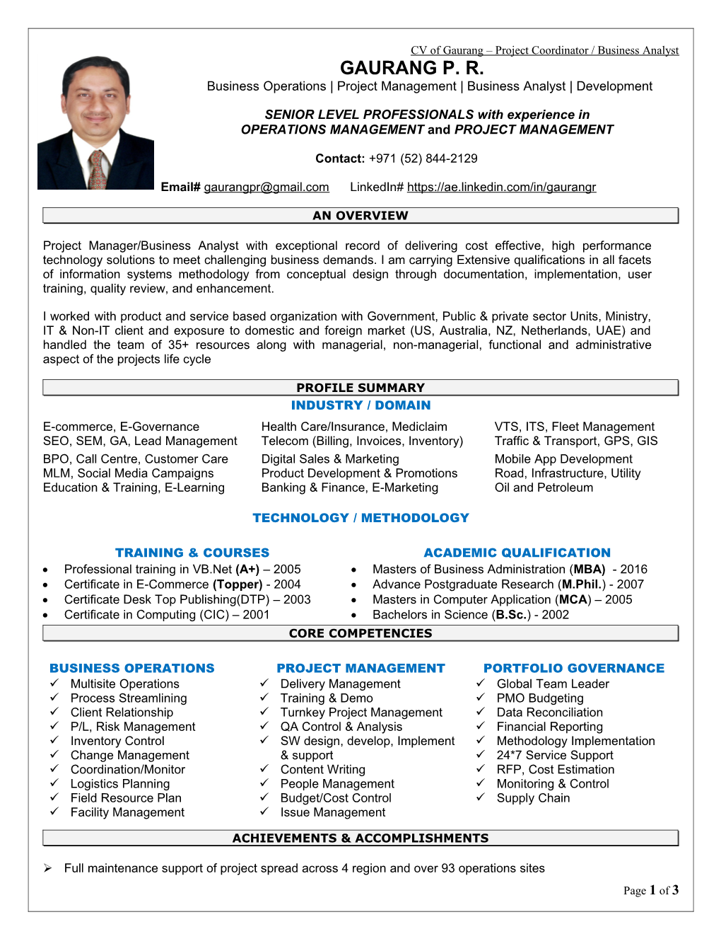 CV of Gaurang Project Coordinator / Business Analyst