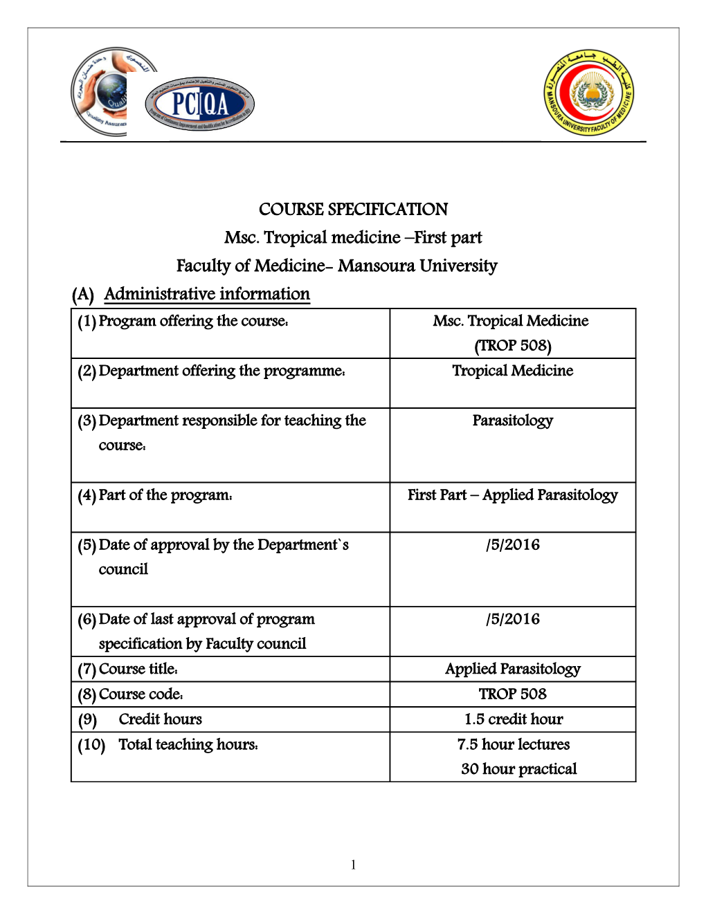 Msc. Tropical Medicine First Part