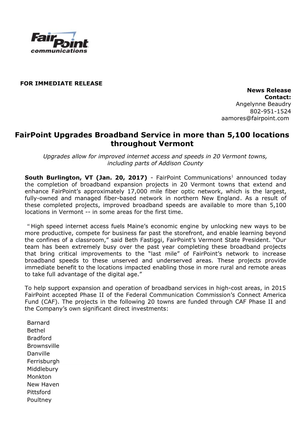 Fairpoint Upgrades Broadband Service in More Than 5,100 Locations Throughout Vermont s1