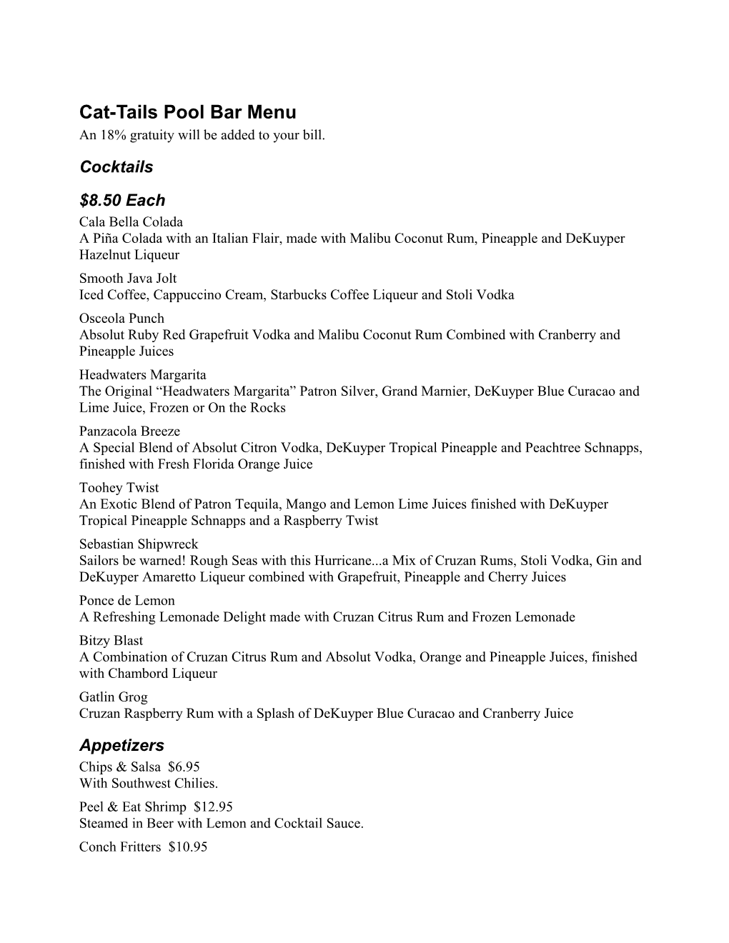 Cat-Tails Pool Bar Menu