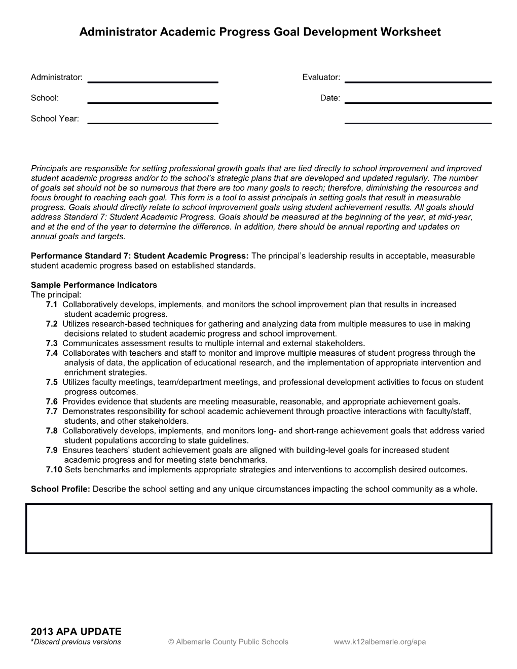 Administrator Academic Progress Goal Development Worksheet