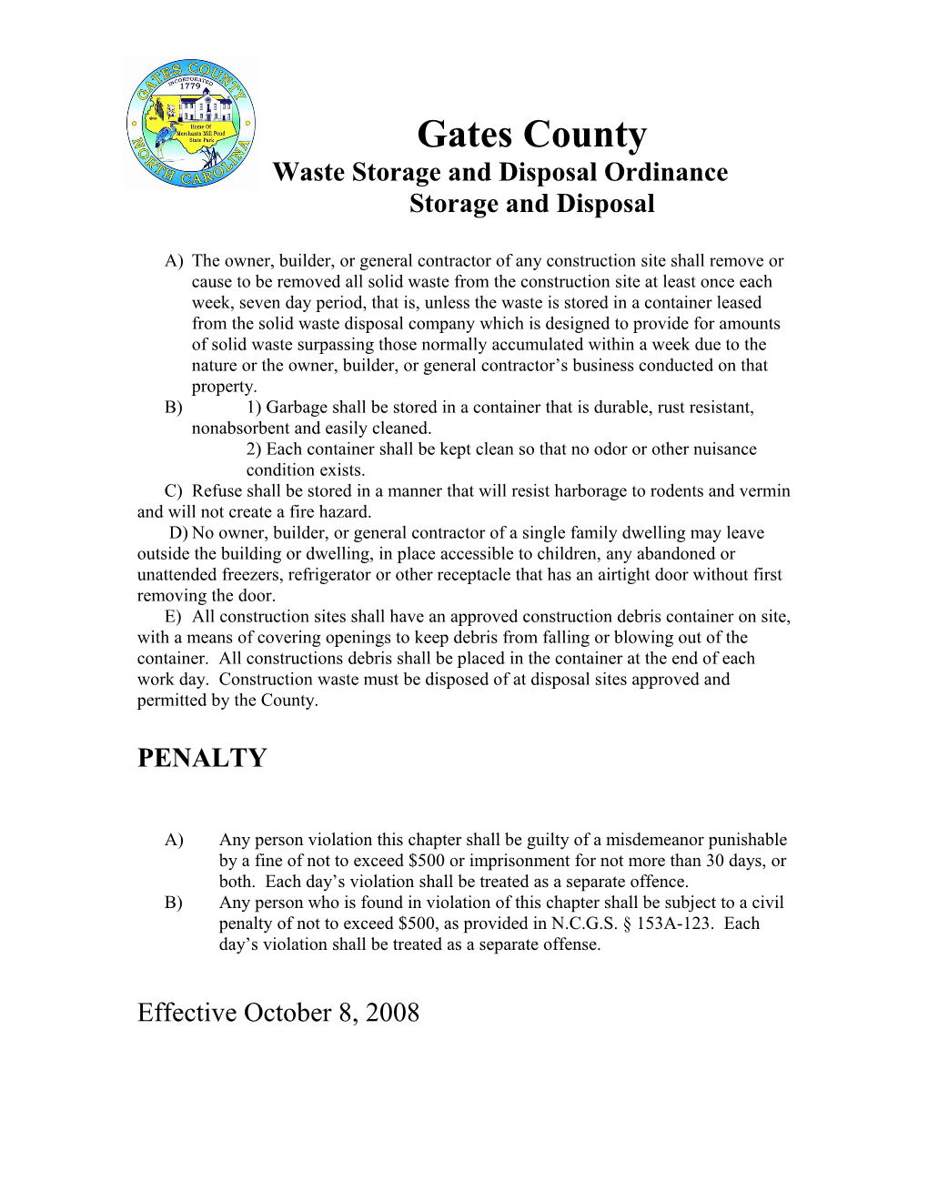 Waste Storage and Disposal Ordinance