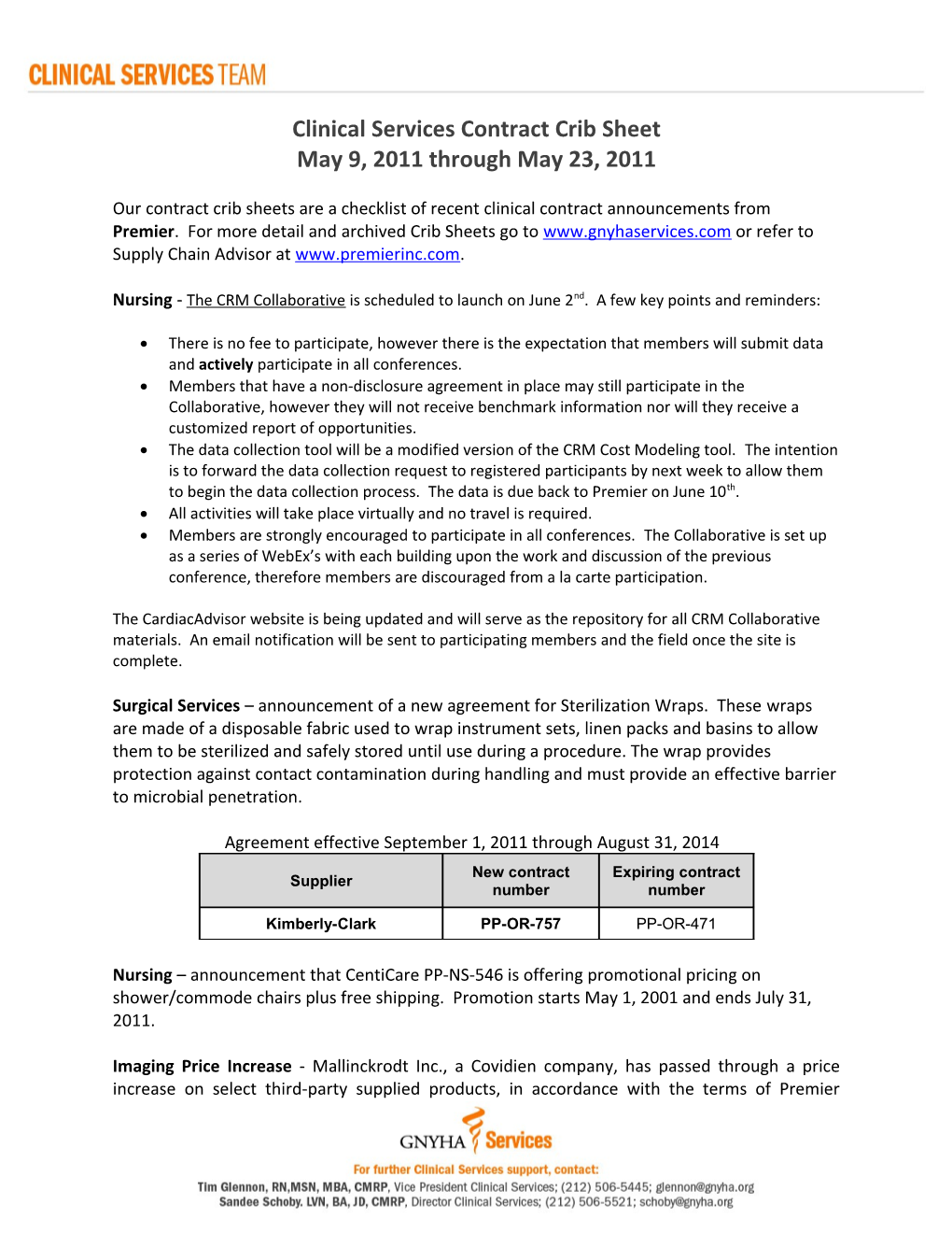 Clinical Services Contract Crib Sheet