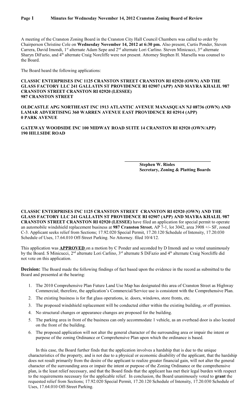 Page 2 Minutes for Wednesday November 14, 2012 Cranston Zoning Board of Review