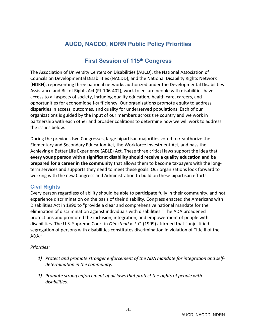 AUCD, NACDD, NDRN Public Policy Priorities