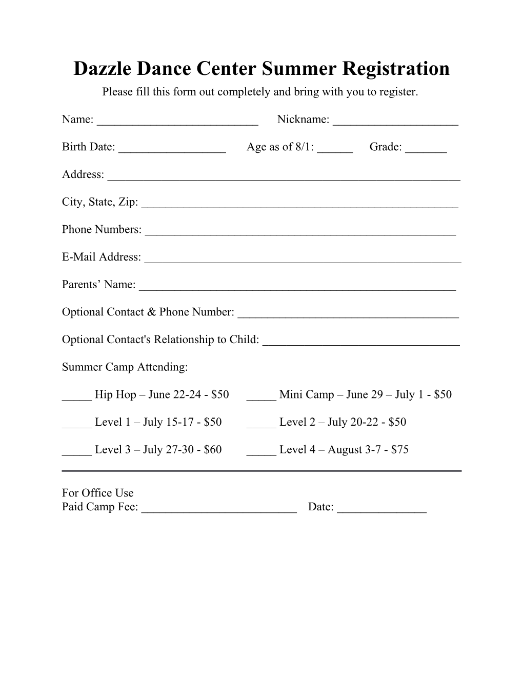 Dazzle Dance Center Summer Registration