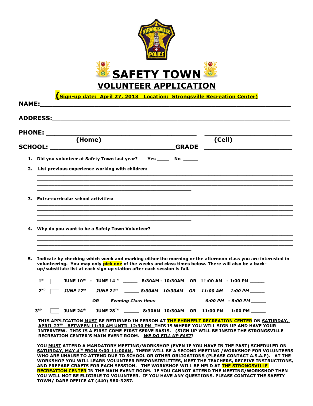 Strongsville Police Safety Town Volunteer Application