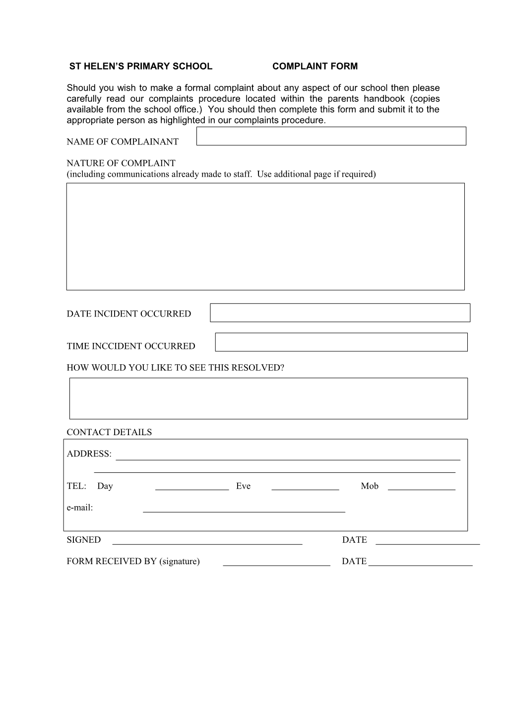 St Helen S Primary School Complaint Form