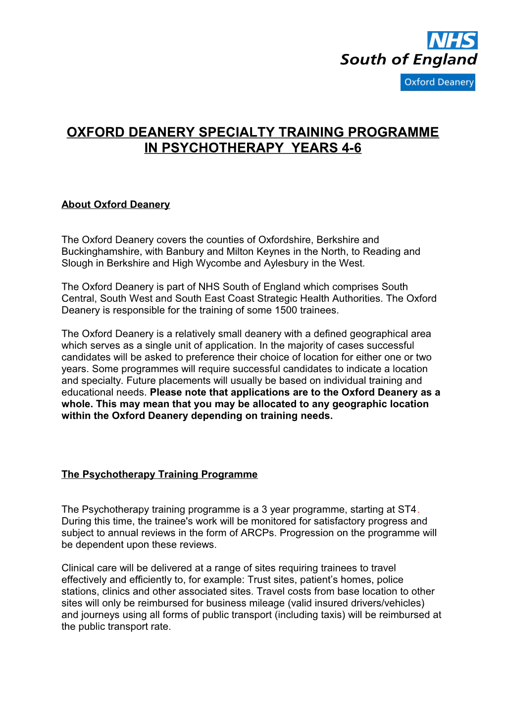 Oxford Deanery Specialty Training Programme in Insert Specialty
