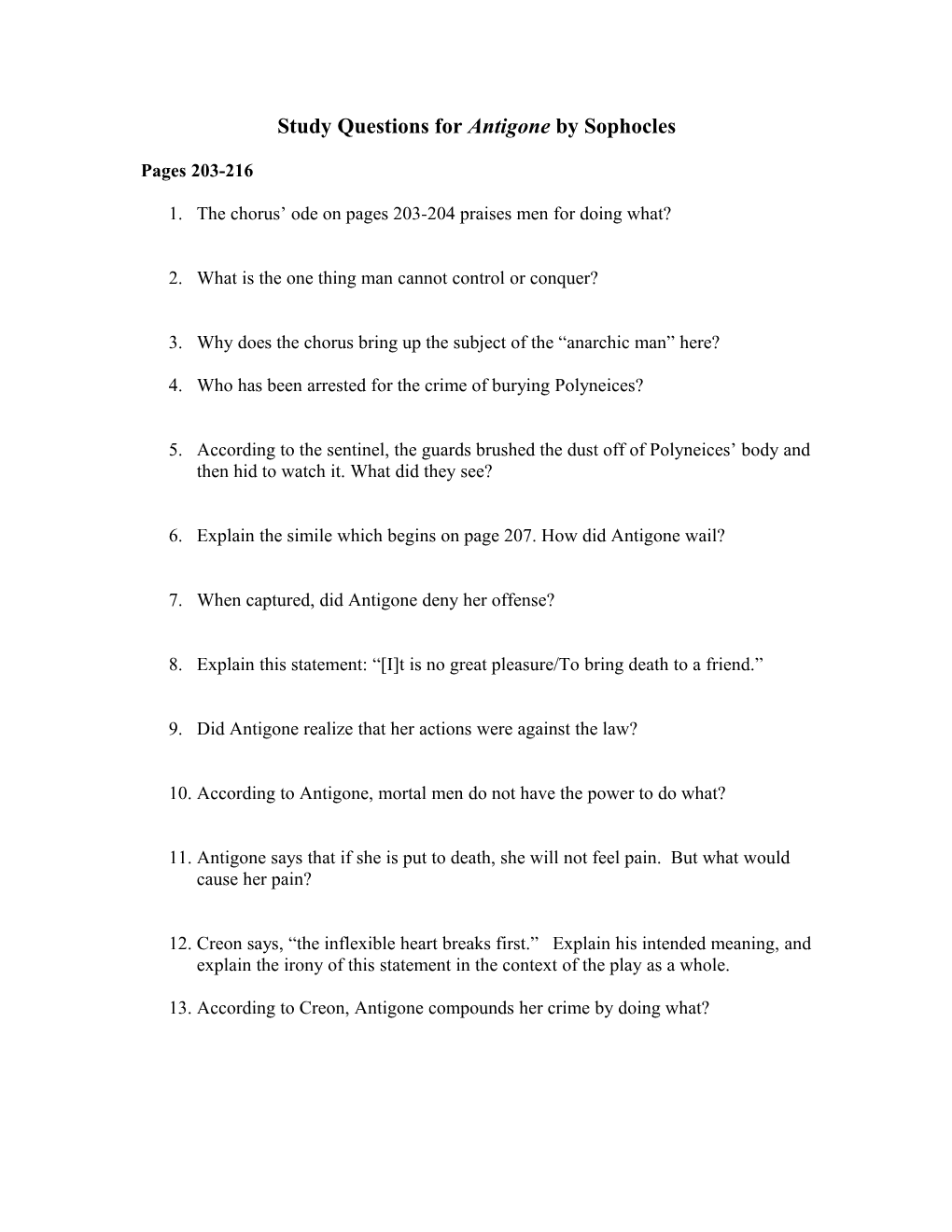 Study Questions for Antigone by Sophocles