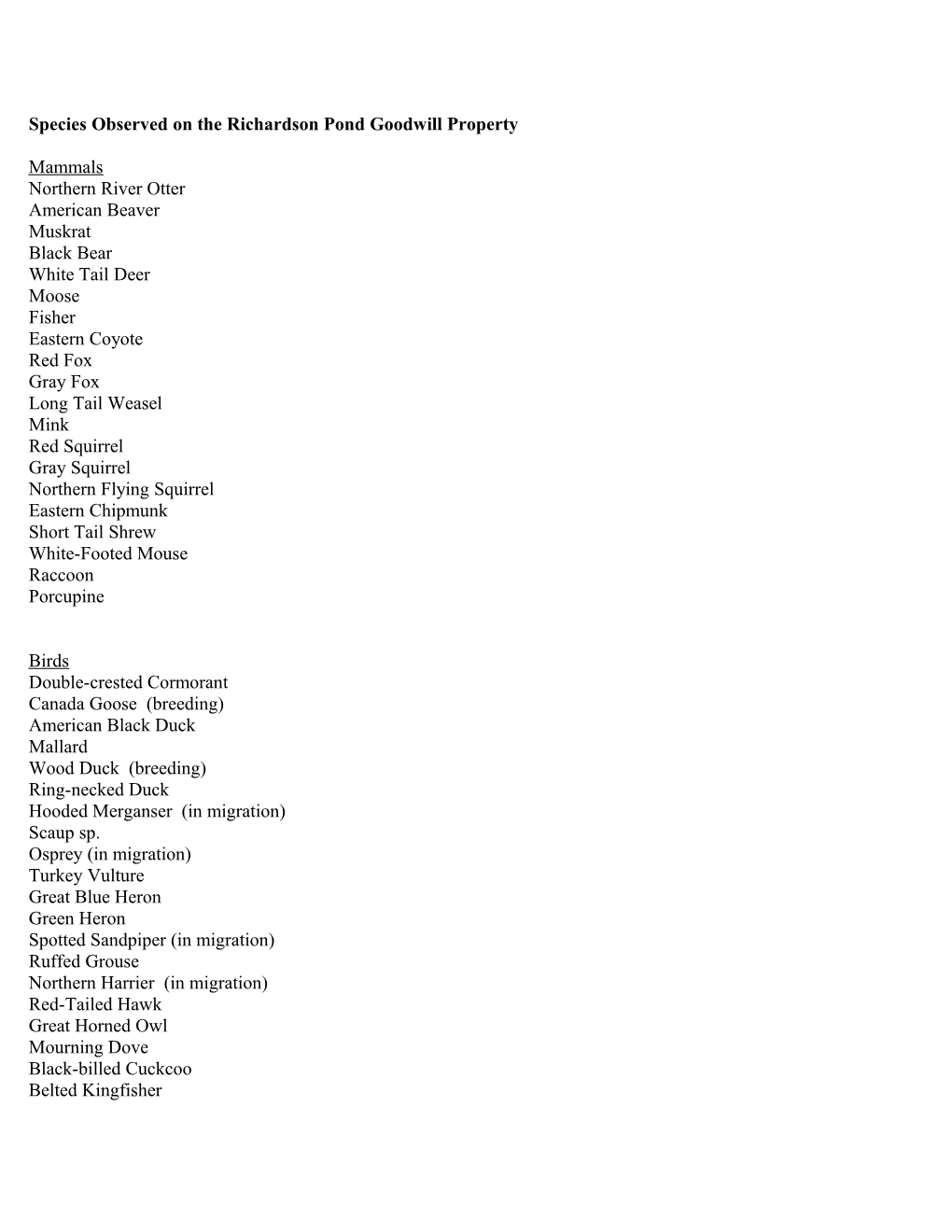Species Observed on the Richardson Pond Goodwill Property
