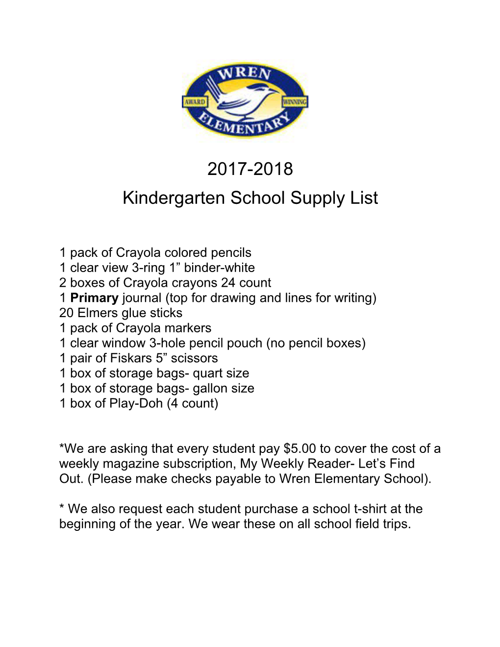 Kindergarten School Supply List