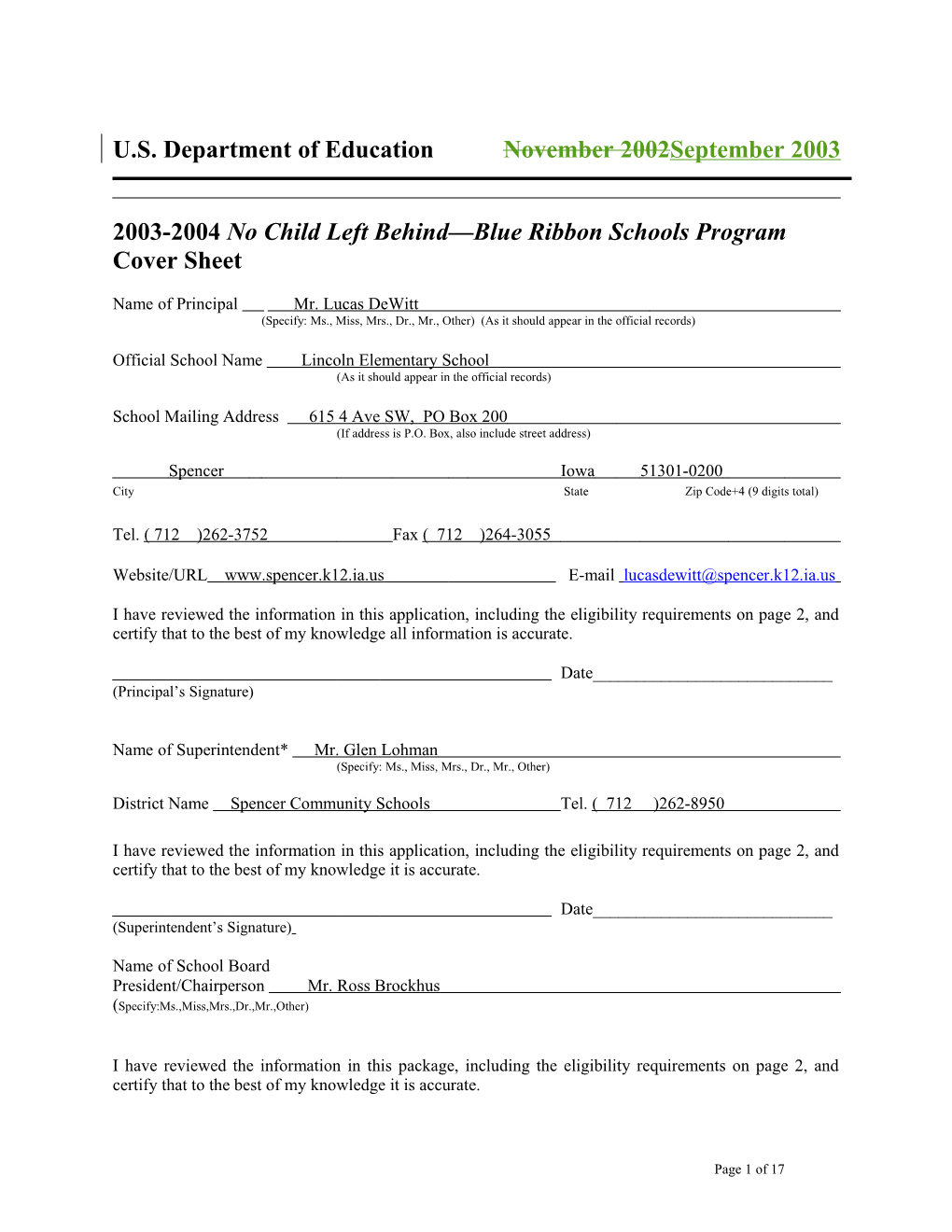 Lincoln Elementary School 2004 No Child Left Behind-Blue Ribbon School Application (Msword) s1