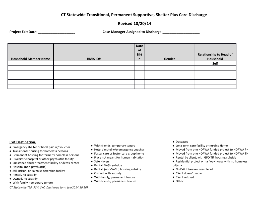CT Statewide TLP, PSH, S+C Discharge Form (Ver2014.10.20)