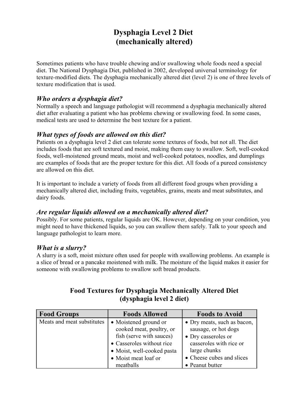 Dysphagia Level 2 Diet