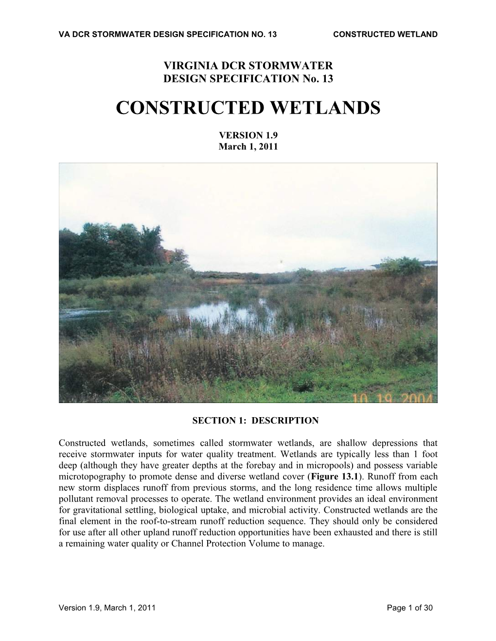 Va Dcr Stormwater Design Specification No. 13 Constructed Wetland