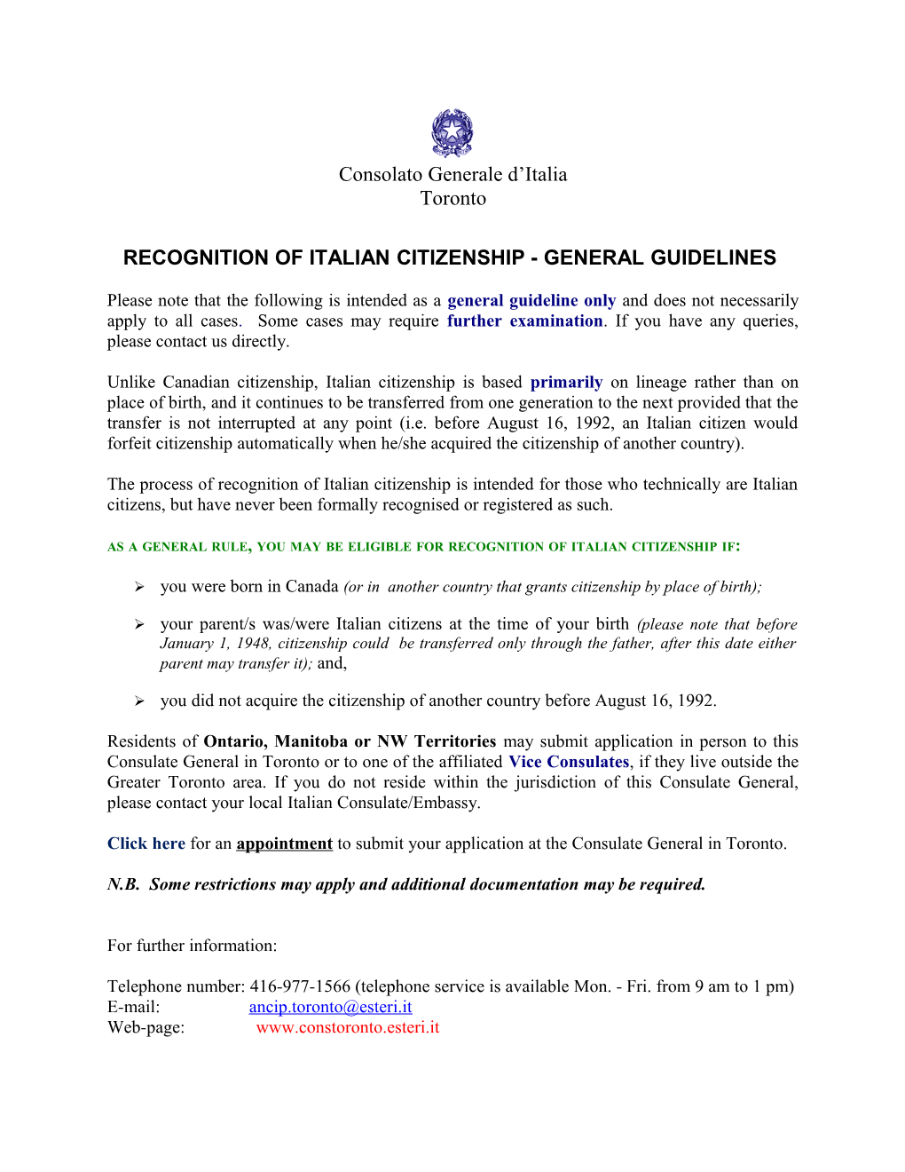 Recognition of Italian Citizenship - General Guidelines