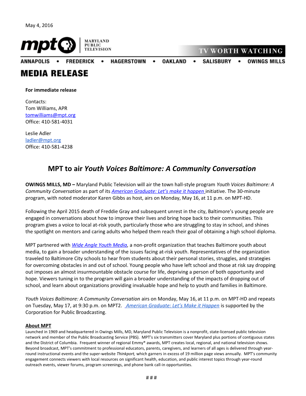MPT to Air Youthvoicesbaltimore:Acommunityconversation